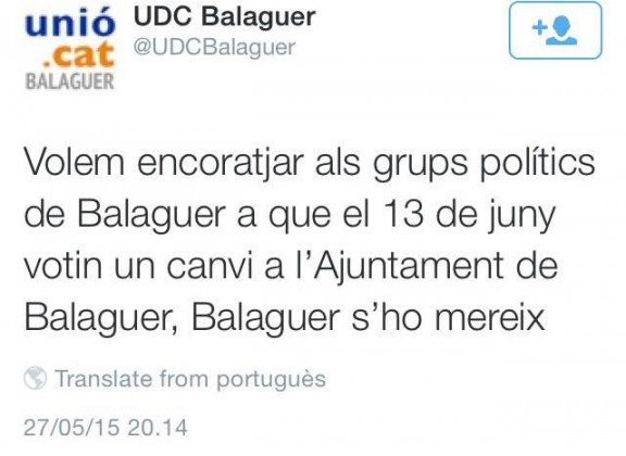 Tweet  d'UDC a Balaguer publicat a Nació Digital. A hores d'ara ja ha estat esborrat