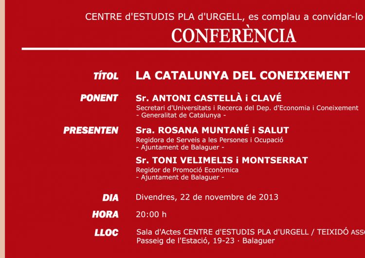 Antoni Castellà ofereix avui a Balaguer una conferència sobre ‘La Catalunya del Coneixement’