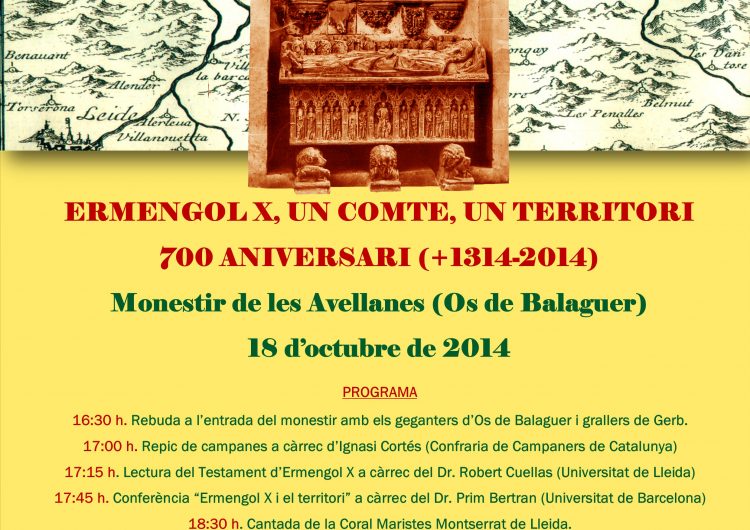 El Monestir de les Avellanes commemorarà els 700 anys de la mort del comte d’Urgell Ermengol X