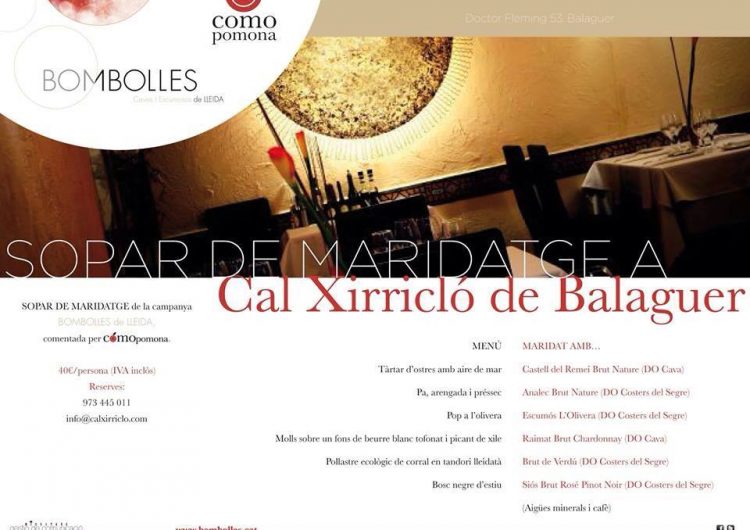 Caves i escumosos de Lleida es promocionaran aquest dimecres en un sopar maridatge al Cal Xirricló de Balaguer