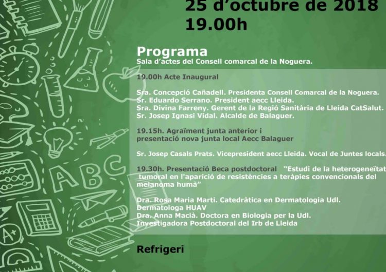 L’Associació Contra el Càncer AAECC a Balaguer presentarà la nova junta en un acte el proper 25 d’octubre