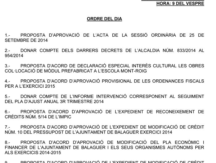 El ple de Balaguer debat les ordenances de 2015 i modificacions financeres per avançar en l’amortització del deute i el pagament a proveïdors