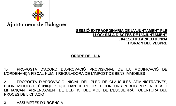 L’Ajuntament de Balaguer debat en ple la rebaixa de l’IBI i convertir el Molí de l’Esquerrà en un alberg juvenil