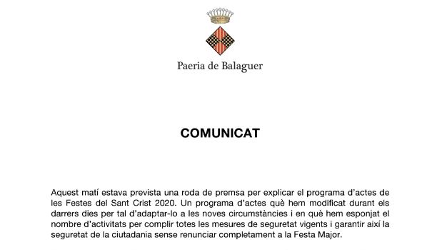 La Paeria de Balaguer a l’espera de les noves restriccions per anunciar el programa de Festa Major