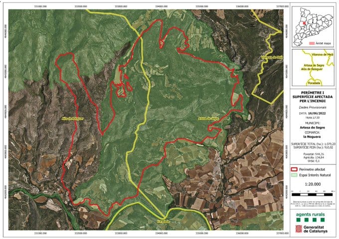 L’incendi forestal de Baldomar afecta ja 1.079 ha, segons dades provisionals dels Agents Rurals