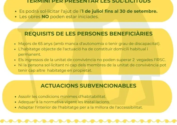 L’Agència de l’Habitatge de Catalunya subvenciona ajuts per a obres en habitatges per a persones grans